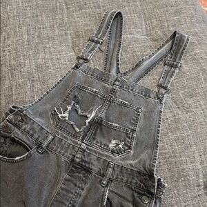 Free People Ziggy Distressed Black Denim Overalls Relaxed Straight Leg